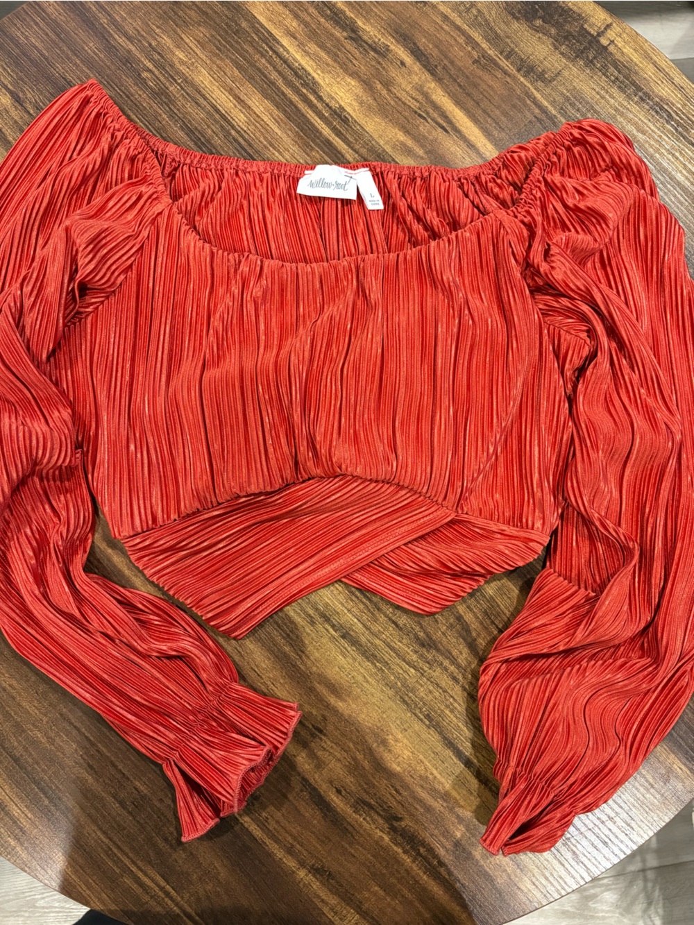 Allison Joy Red Pleated Long-Sleeve Crop Top